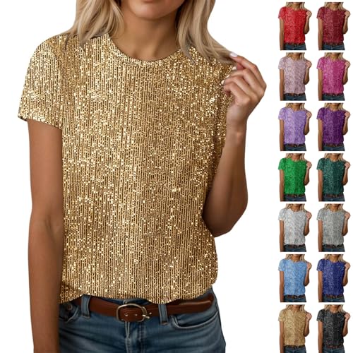 T-shirt à paillettes à manches courtes pour femme - Tenue de carnaval, de fête du Nouvel An, discothèque, haut festif doré, rouge, violet, multicolore, blouse de...