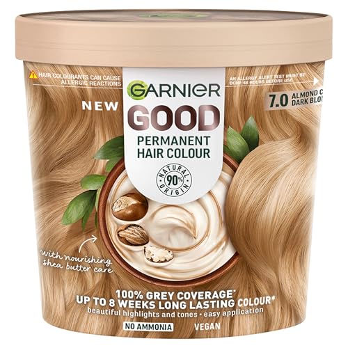 Garnier GOOD Permanent Hair Dye, 7.0 Almond Creme Dark Blond. Ensures 100% grey coverage and 8-week colour. No ammonia, vegan shea butter formula for vibrant results on all hair types.