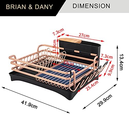 BRIAN & DANY Aluminum Dish Drainer, Dish Drying Rack with Removable Cutlery Holder & Cup Holder, Unique 360° Swivel Spout Drain Board, Golden
