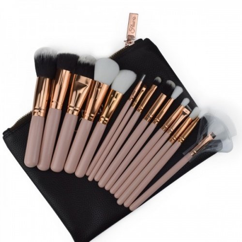 Flow Lot de 15 pinceaux de maquillage avec étui Doré