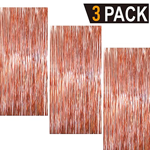 Image of GOER 3.2 ft x 9.8 ft Metallic Tinsel Foil Fringe Curtains for Party Photo Backdrop Wedding Decor (3 Packs, Rose Gold)