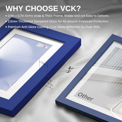 Image of VCK 5x7 Picture Frame 2 Pack, Blue Wood, 4x6 Mat, Glass, for Photo Print