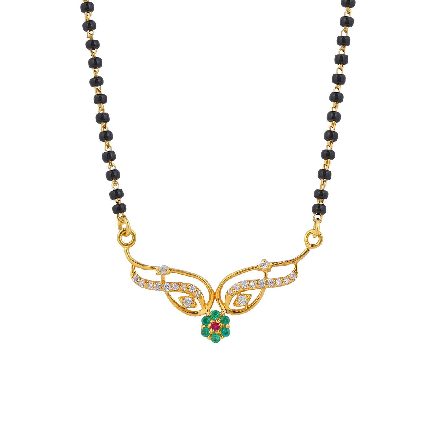 925 Sterling Silver 18K Micron 1gm Gold Plated Mangalsutra Necklace with CZ , Black Beads Chain, Emerald Flower Pendant Jewellery for Women | 18-inch Mangalsutra Tanmaniya | Authenticity Certificate & 925 Stamp | 6 Months Warranty-image-8