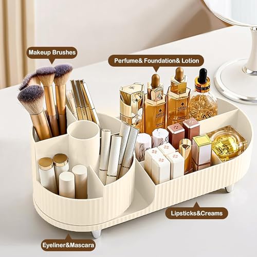 Image of ALOXE Makeup Organisers | 360 Rotating Brush Holder & Elegant Organizer Storage Box for Dressing Table, Skincare, Cosmetics & Accessories (Ivory)