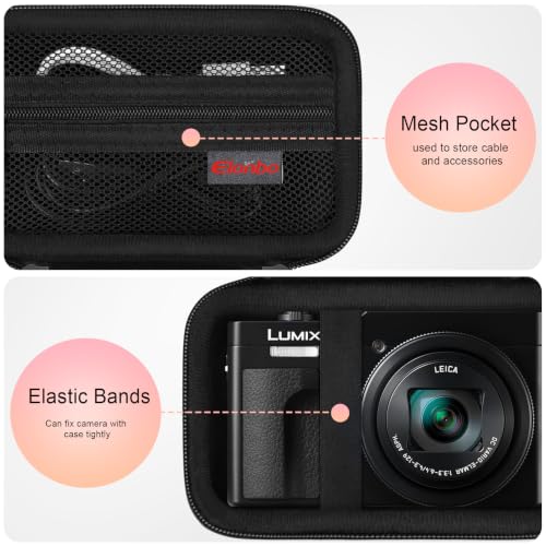 Image of Elonbo Camera Case for Panasonic LUMIX ZS99 / TZ99 / ZS80 / ZS70 / ZS300 / ZS200 / ZS100 / LX10 Point and Shoot Camera. Panasonic LUMIX Digital Camera Carrying Case. with Mesh Pocket fits Battery, Black