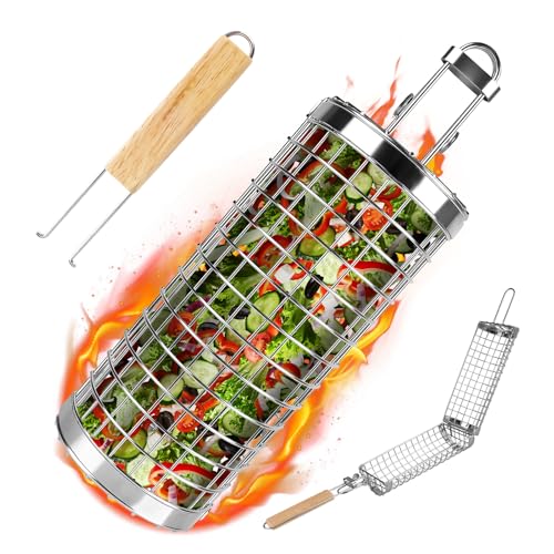 Muyohix Grillkorb Edelstahl mit Holzgriff, Rollender Grillkorb Gemüse, Grillzubehör für Außengrill, Premium Zylindrischer Grillkorb für Gemüse Fisch und Fleisch