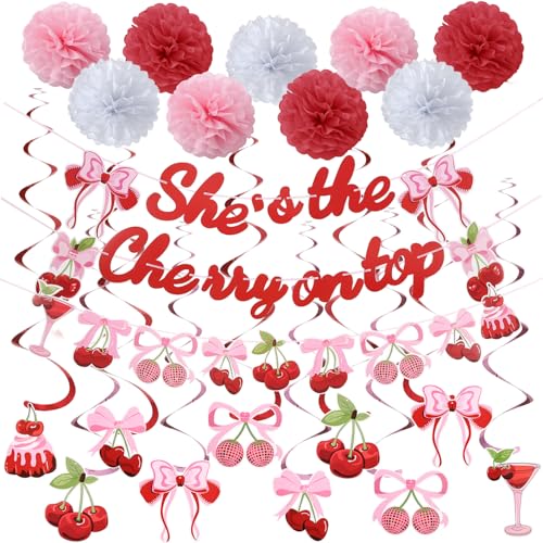Cherry Birthday Party Decorations,She's The Cherry On Top Banner,9pcs Tissue Paper Pom Poms,10pcs Hanging Swirls for Birthday Decorations Summer Fruit Party Supplies
