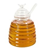 für Honig in Bienenstock-Form, 3-teilig: 1 Honigpot, 1 Glas-Honiglöffel und 1 Deckel mit Aussparung für den Löffel und mit Glas-Biene als Deckelknauf
