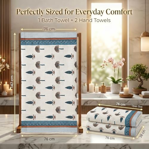 Image of Mafatlal Madhuban Soft Cotton Bath & Hand Set (1 Bath 147x76 cm + 2 Hand 76x38 cm) | 250 GSM | Absorbent, Floral Hand Print | Lagoon