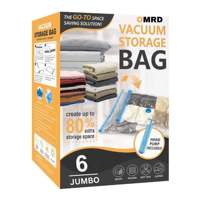 Image of 6 Jumbo Vacuum Bags for Travel, Space Saver Bags Compression Storage Bags,Storage Vacuum Sealer Bags for Clothes Storage, Vaccine Packing Bag Size (6 JUMBO (70x100cm) - WITH HANDPUMP)