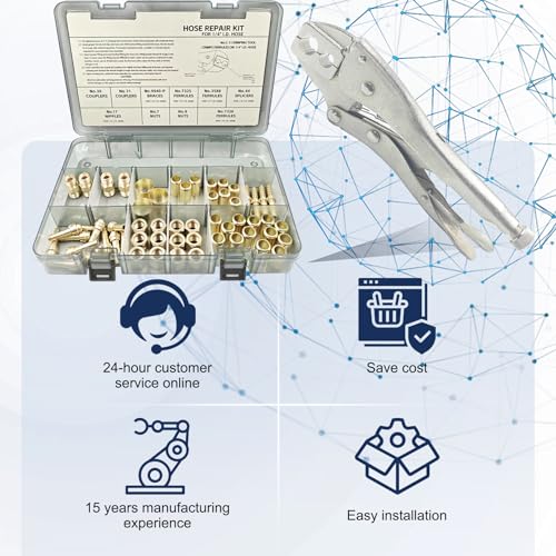 Image of PS-26 1 /4 I.D. Torch Hose Repair Kit,Air Hose Crimper Tool Kit for Air Hose /Torch Hose /Oxygen Acetylene Hose，Include Fittings /CrimpingTool /Ferrules /Couplers /Braces /Splicers /Nipples /Nuts etc