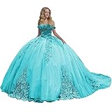 Zhangyo Aqua Blue Long Puffy Quinceanera Dresses Ball Gown Sweet 15 16 Cinderella Sweetheart Quince Dresses with Train Flowy Tulle Vestidos de 15 años 14