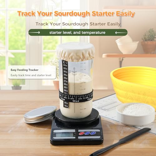 Image of Sourdough Starter Kit for Beginners, 34 oz Starter Jar with Scale Marking, 2 Silicone Proofing Baskets, Complete Bread Baking Kit with Guide & Recipes, Easy to Use & Clean - Yellow