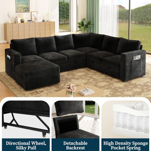Image of 106.7 inch Chenille Sectional Sleeper Sofa, Pull Out Couch with Storage, Black | 7 Seat Comfy Couches for Living Room, Apartments, or Guest Spaces; Sectionals Modular Sofa Design, Comfortable Seating.