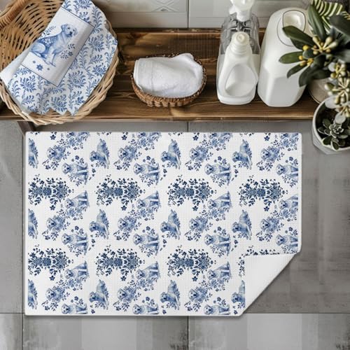 Image of Chinoiserie Labrador Retriever Kitchen & Hand Towels Set of 2, Blue and White Floral Dog Dish & Tea Towels for Kitchen Bathroom Decor, Vintage Toile Dog Lover Gifts for Women 16x24 Inch