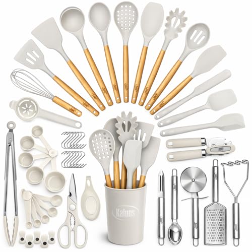 Kaluns 50 PCS Silicone Kitchen Utensils Set Complete Kitchen Set - 800°F Heat Resistant Non-Stick Premium Cooking Utensils W Wooden Handles - Can Opener, Masher, Turner, Silicone Spatula Set