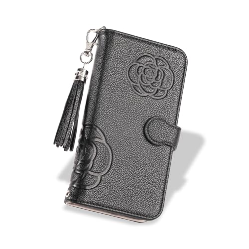 iPhone 16e 手帳型スマホケース 鏡付き カード2枚入れ かわいいカメリアお花柄 女子 Befortwo アイホン16e ケース 手帳型 ストラップホール 取り付けタッセル 大きいサイドポケット付き 使いやすい アイフォン16e スマホカバー 手帳型 マグネット式 落ち着いた色 女性らしい シンプルデザイン キーホルダー穴付き ブラック