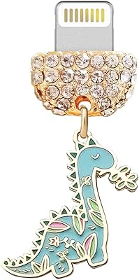 ELISE & FONDA CP476 USB Charging Port Crystal Anti Dust Plug Dinosaur Phone Charm for iPhone 13/12/11/ XS MAX/XR/X/8 Plus/7/6S/8/SE iPad iPod ( Blue )