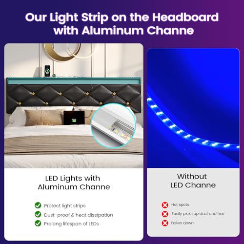 Image of Hasuit Floating Bed Frame Full Size with LED Lights and Charging Station, Modern Full Platform Bed with Vegan Leather Upholstered Headboard, No Box Spring Needed, Noise Free, Easy to Assemble