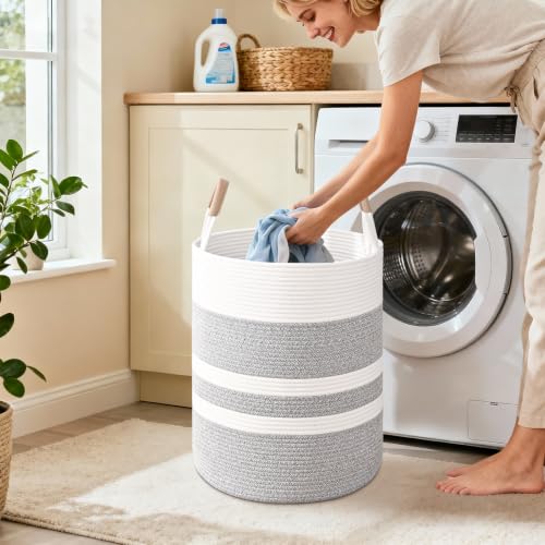 Image of Large Laundry Basket, Laundry Hamper with Leather Handles, 60L Woven Dirty Clothes Hamper, Rope Hampers for Bedroom, Barthroom, Grey