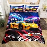 Homewish Gelbe Rennwagen Junge Bettwäsche Set 220x240 für Kinder,Schwarz und Weiß Buffalo Gitter Bettbezug,Extreme Sports Cool Speed Luxuswagen Tröster Abdeckung,Speed Dashboard Rennwagen Bett Set