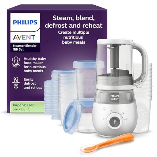 Philips Avent Geschenkset mit Dampfgarer und Mixer – 4-in-1-Babynahrungszubereiter, Dampfgaren, Mixen, Entfrosten und Aufheizen von Babynahrung, mit Milchbehältern und Deckeln, SCF883/20 Philips Avent Geschenkset mit Dampfgarer und Mixer – 4-in-1-Babynahrungszubereiter, Dampfgaren, Mixen, Entfrosten und Aufheizen von Babynahrung, mit Milchbehältern und Deckeln, SCF883/20