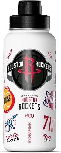 Hydrapeak x Botella de agua activa con licencia oficial de la NBA Houston Rockets, de 32 onzas, con tapa para beber, reutilizable, acero inoxidable,