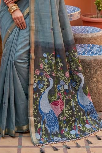 Image of SGF11 Women's Soft Cotton Linen Silk Saree With Unstitched Blouse Piece