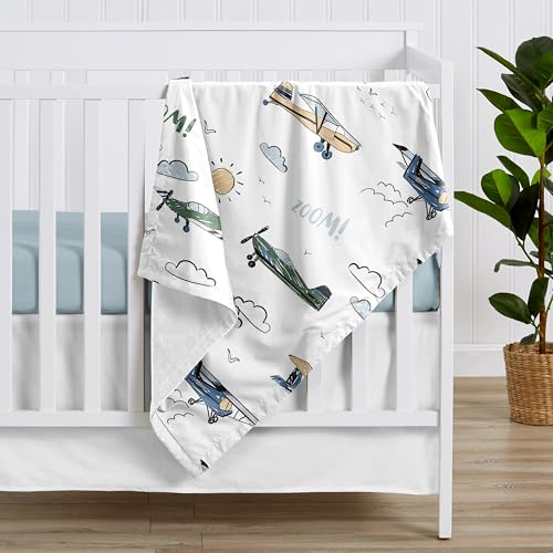 Image of Sweet Jojo Designs Vintage Airplane Boy Soft Baby Blanket Receiving Security Stroller Swaddle Toddler Newborn Infant Kids Travel Warm Minky Grey Green Blue White Yellow Airplanes Plane Transportation