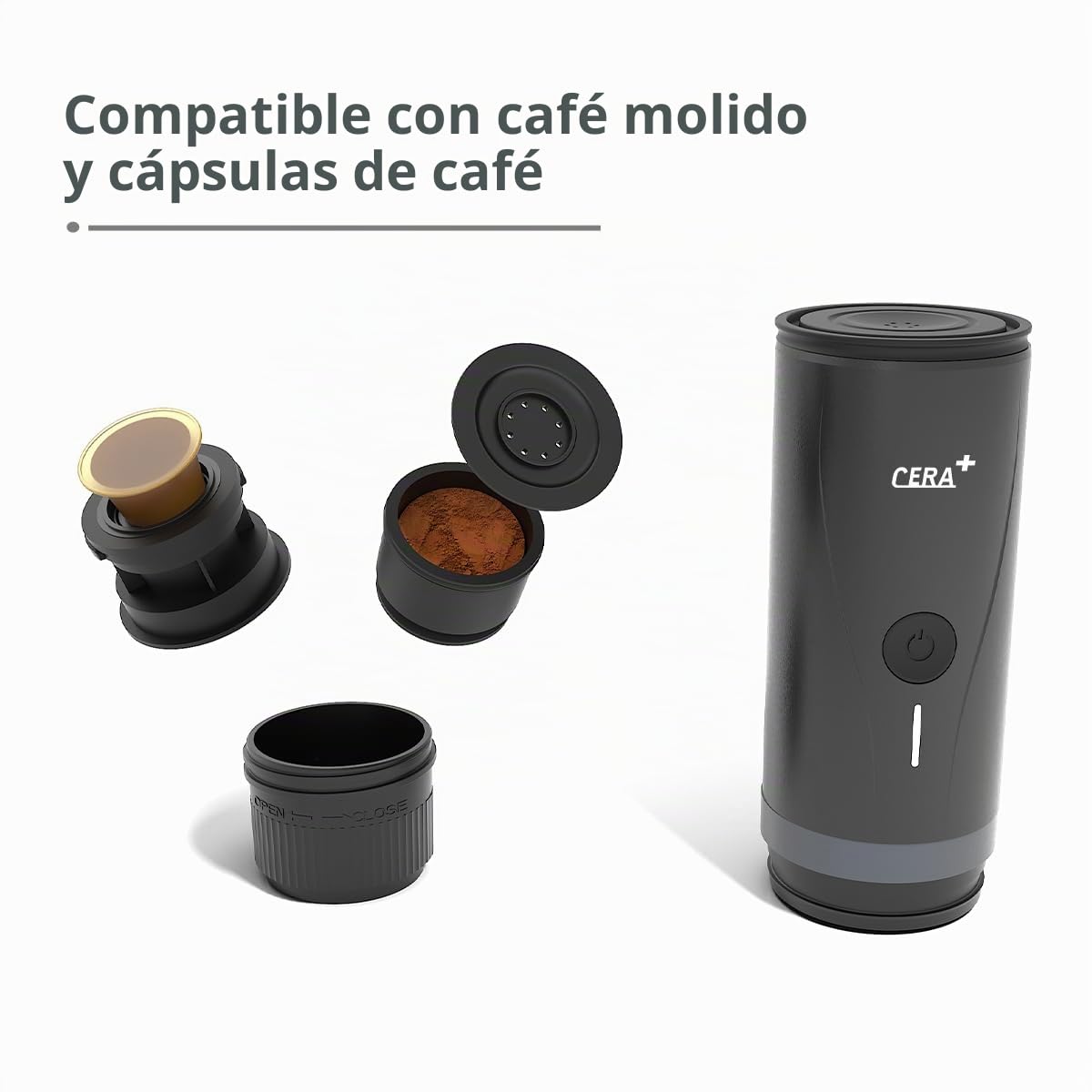 CERA+ Máquina de Espresso Eléctrica Portátil Auto-calentamiento en 3-4 Minutos, Cafetera Mini de 20 Bares con Batería Recargable. Compatible con Cápsulas NS y Café Molido para Viajes y Camping