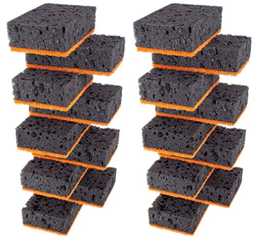 Image of Black & Orange Multi Use Scrub Sponges. Made in Europe. 18 Pack, 4.3x2.8x1.4 inches. Heavy Duty and Non Scratch Fiber. Odorless Durable and Delicate Halloween Holiday Sponges