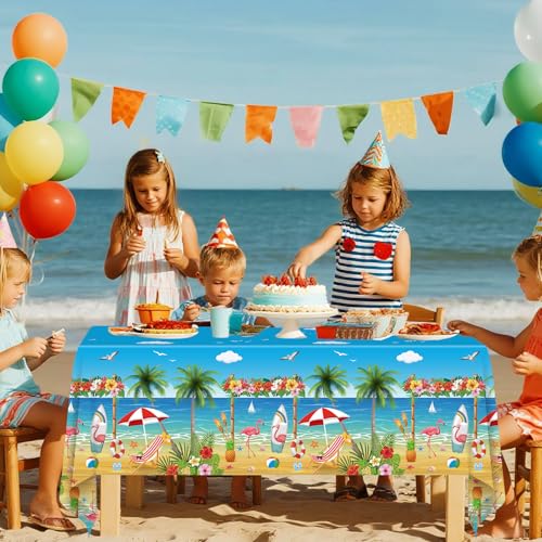 Image of 4 Pack Beach Theme Party Tablecloth Aloha Luau Hawaiian Birthday Table Cloth Flamingo Surfboard Table Cover Disposable Pool Decorations for Baby Showers Seaside Beach Pool Party Supplies 51 x 86 in