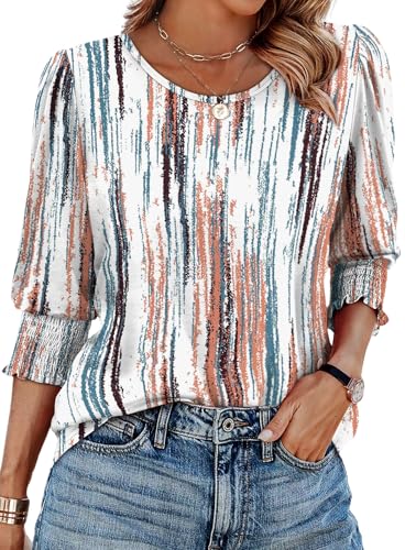 Image of XIEERDUO Blouses for Women Dressy Casual 3 /4 Length Sleeve Womens Tops with Smocked Cuffs