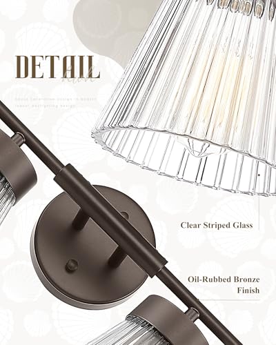 Image of 4-Light Bathroom Vanity Light, HWH Oil-Rubbed Bronze Bathroom Light Fixtures Farmhouse Vanity Lamp Over Mirror with Clear Striped Glass Shade, 5HZG97B-4W ORB