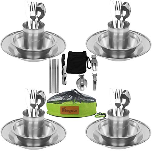 Bisgear 34pcs Stainless Steel Tableware Mess Kit Includes Plate Bowl Cup Spoon Fork