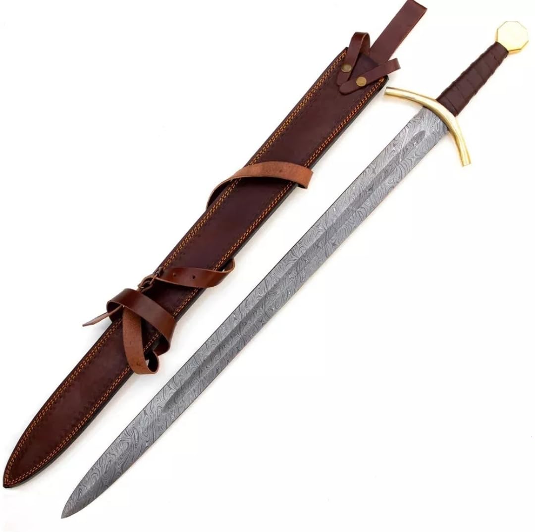 Empire - 34 Inch Long - Handmade Damascus Steel Double Edge Viking Sword with Leather Sheath - Leather Wrapped Grip - Master Sword - Collectible Sword - Best Gift for Him