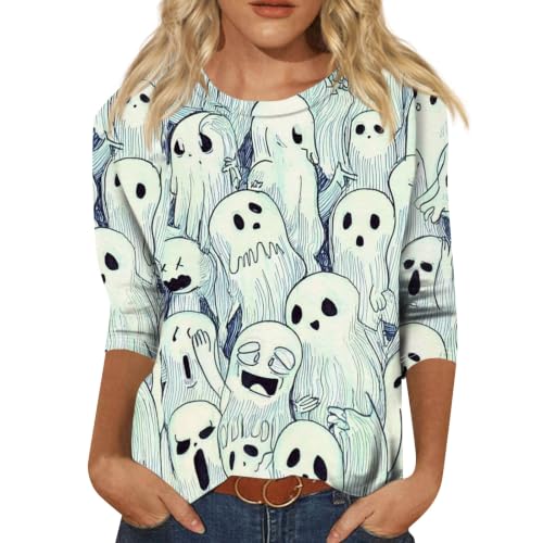 Image of Women Spooky Halloween Graphic Shirt 3 /4 Length Sleeve Crewneck Top | Halloween Funny Printed Pumpkin Plus Size Tshirts 2026 Fall Outfits Skeleton Tee Going Out Tops