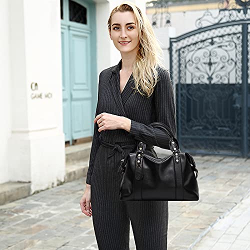 PORRASSO Elegant Ladies Shoulder Crossbody Top-Handle Work Travel Dating Boston Bag - Waterproof PU Leather Black2