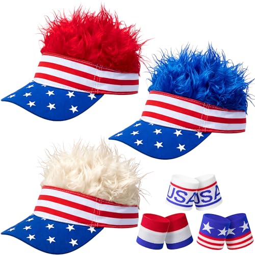 SHANGXING 3 Sets American Flag Visor Cap Wig 4th of July Fake Hairs Visor Hat with Wristband Stars and Stripes Independence Day Wig Hats for Mens Patriotic Party Holiday Birthday Gift