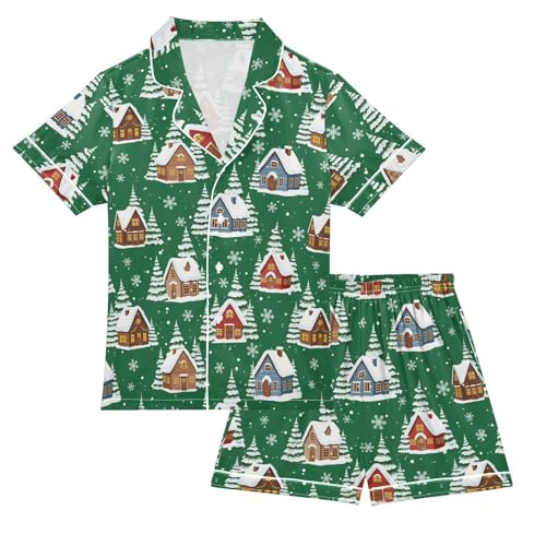 Satin Pajama Sets Short Sleeve Winter Village Scene Pattern Button Down Silky Nightwear 2 Piece PJS 5-14Y