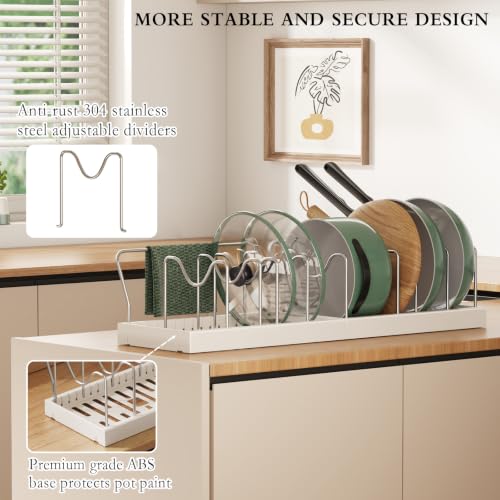 CICUFY 2 Pack Pots and Pans Organizer Under Cabinet, 23" Pot Lid Holder Rack Inside Cabinet with 10 Adjustable Dividers, Pan Lid Organizer with Guardrail For Kitchen Countertop, White - Image 4
