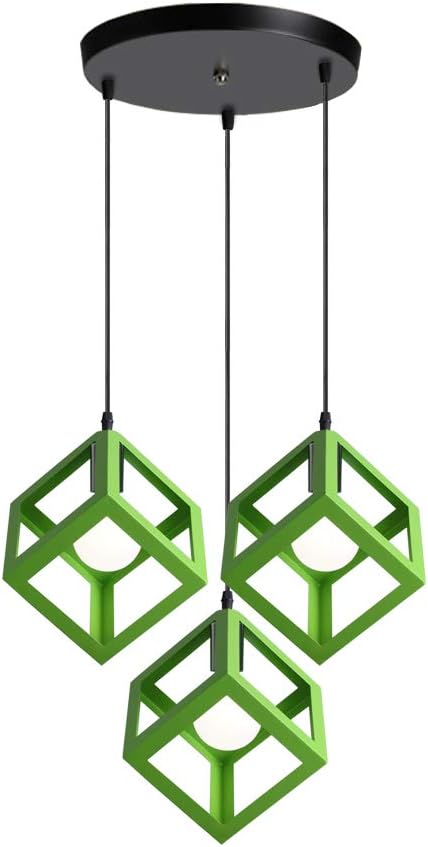 iDEGU iDEGU Hanglamp, 3 lampen, vintage, geometrische stijl, hanglamp, kubusvorm, metaal, plafondlamp voor slaapkamer, woonkamer, eetkamer, keuken, 16 cm, groen