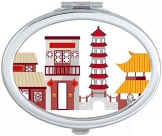 China Architecture Gate Chinese Pattern Mirror Portable Fold Hand Makeup Double Side Glasses