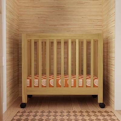 Babyletto Origami Mini Portable Crib Folding with Wheels in Honey, 2 Adjustable Mattress Positions, Greenguard Gold Certified