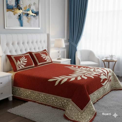 Image of Fresh from Loom Printed Bedsheet Leaf Print Print Bedsheet Set, Crafted in Chenille 500 TC Fabric with 2 Pillow Covers, Comfortable Breathable Bed Cover, Bedroom D 90x100 Inches | Rust | Chenille