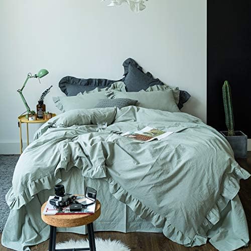 SUSYBAO Sage Ruffle Duvet Cover Queen 100% Washed Cotton Retro Farmhouse Duvet Cover Set 3 Pcs 1 Green Lace Rustic Duvet Cover with Zipper Ties 2 Pillow Shams Luxury Aesthetic French Country Bedding