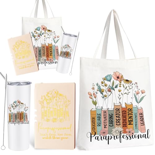 Fuutreo 3 Pcs Paraprofessional Appreciation Gifts for Women 20 oz Stainless Steel Tumbler Cup with Lid Canvas Tote Bag Leather Journal Thank You Gifts for Teaching Assistant Social Service Assistant