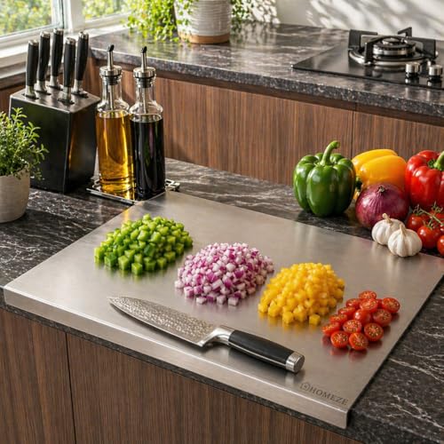 Image of HOMEZE 304 Stainless Steel Chopping Board 41 x 31 cm - Rust Proof, Non‑Slip & Heavy Duty Counter Top Cutting Board with Lip, Smooth Round Edge - for Cutting Vegetables, Fruits, Meat & Kneading Dough