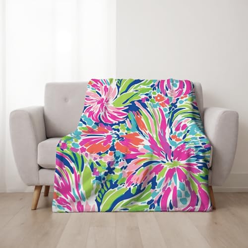 Image of Tropical Floral Throw Blanket - Soft Flannel Fleece Blanket 50x60 Inch - Bright Pink Green Blue Lightweight Cozy Blanket for Couch, Bed, Sofa, or Dorm Room Decor