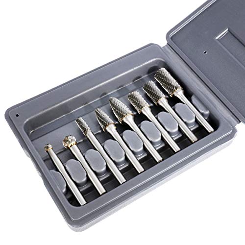 WICHEMI Carbide Burr Set, 8pcs Double Cut Solid Tungsten Rotary Burr Set 1/4-Inch Shank for Die Grinder Drill, Metal Wood Carving, DIY Woodworking, Polishing, Engraving, Drilling